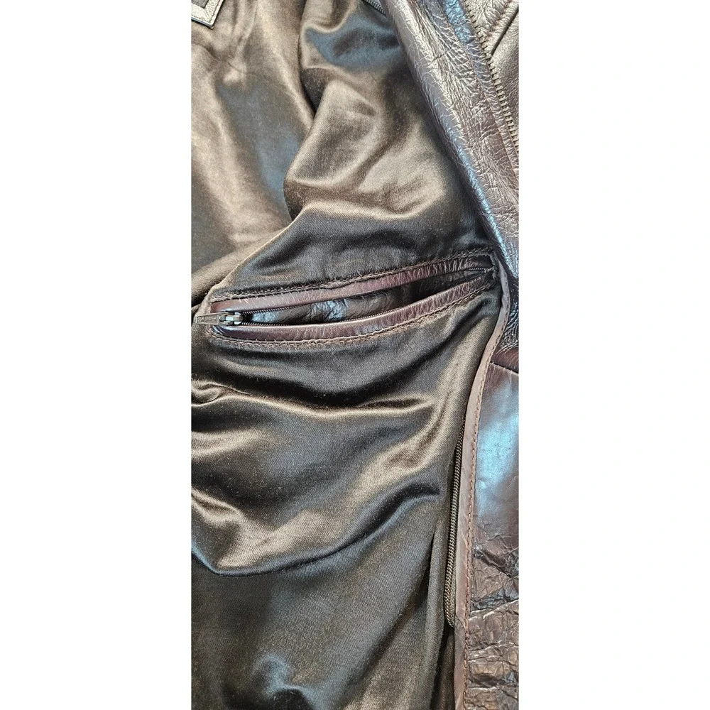 Oscar Leopold Mens Brown Leather Jacket Satin Lined Full Zip Bomber Coat Large
